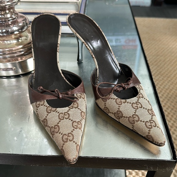 Gucci Shoes - Gucci Canvas Monogram Leather Mules 8